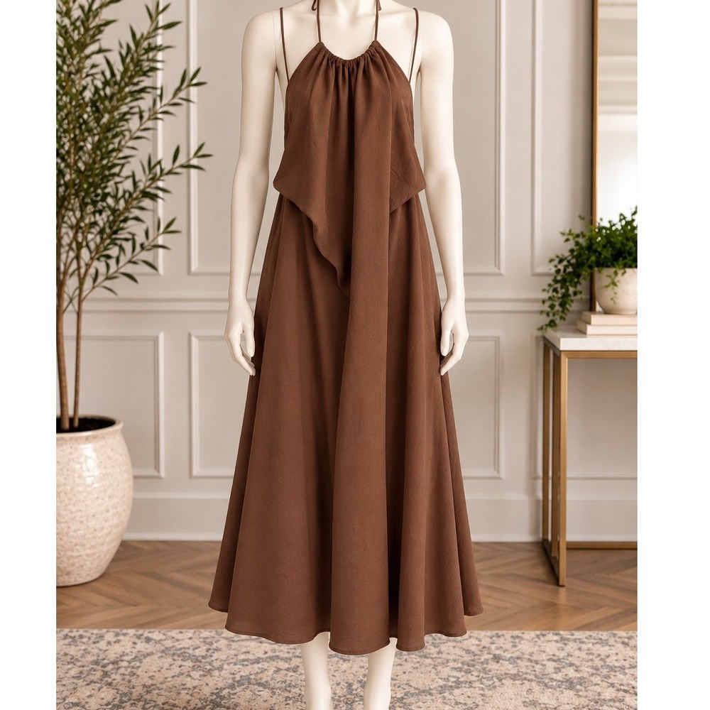 Zara Womens Halter Dress Brown Open Back Solid Midi Small